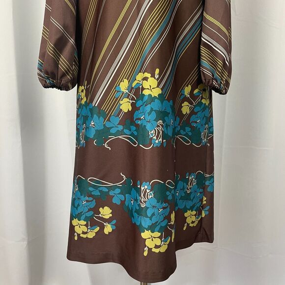 Vintage Boho Dress Size Medium Floral Brown Blue Off Shoulder 70s Retro Hippie - Picture 6 of 16